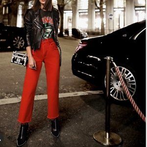 GRLFRND Linda Denim Red Cropped Flare Jeans NWT